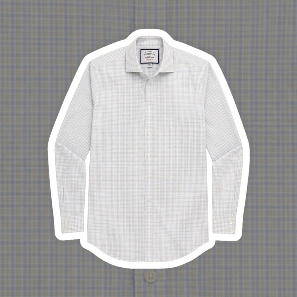 Charles Tyrwhitt Extra Slim Fit Dress Shirt Blue Yellow Micro Check Spread 16/36
